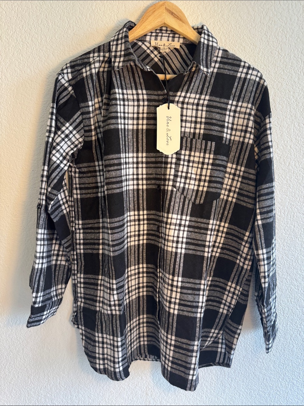Vine & Love NWT Plaid Button Down Roll Tab Sleeve Tunic Shirt Black White S